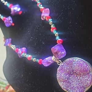 Purple Drzy Agate Pendant Necklace Set